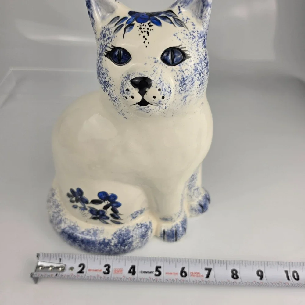 Vintage Blue White Cobalt Spongeware Ceramic Cat Figurine Large Sitting Folk Art